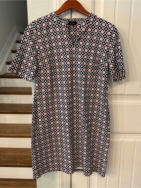 Talbots Petite Large Tactel Nylon Spandex Shift Dress Navy Pink Geometric Print